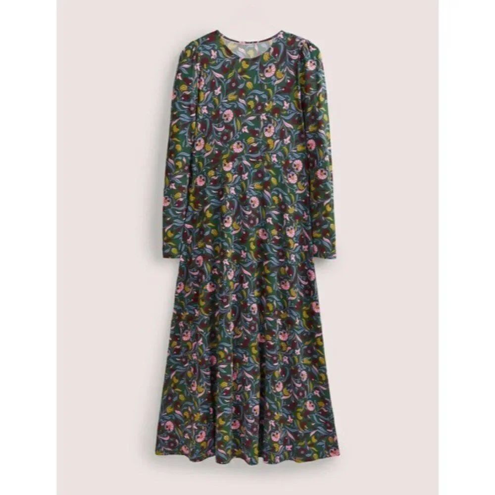 Boden Womens Midi Dress UK 12 US 8 Green Floral Long Sleeve D0338 NWT